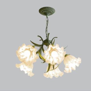Imagem de Lustre de vidro leitoso com 8 luzes, lustre verde grande, luminária pendente nórdica, moderna, floral, teto, lustre para hall de entrada, sala de jantar, sala de estar, quarto de meninas, il