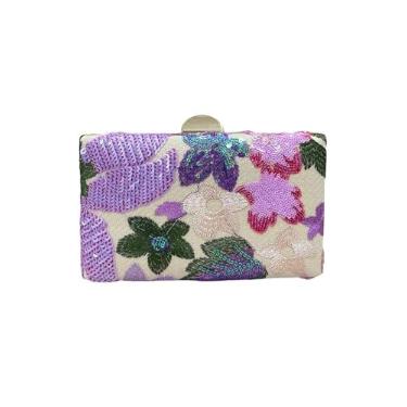 Imagem de QWINEE Bolsa feminina de lantejoulas com bordado floral para noite elegante mini bolsa transversal bolsa de festa de casamento, Roxo claro, One Size