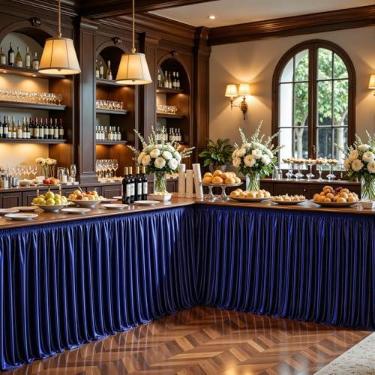 Imagem de Saia de mesa de cetim azul marinho 4,5 m, saia de mesa de elastano brilhante retangular/redonda/oval, saia de mesa plissada com babados sem rugas para jantar em casa e cozinha, mesa de escritório e