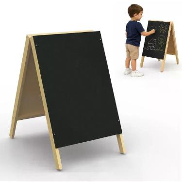 Imagem de Quadro Cavalete Duplo Negro Lousa Infantil 2 Faces para Giz Expositor MDF Preto Restaurante Padaria Bar Lanchonete