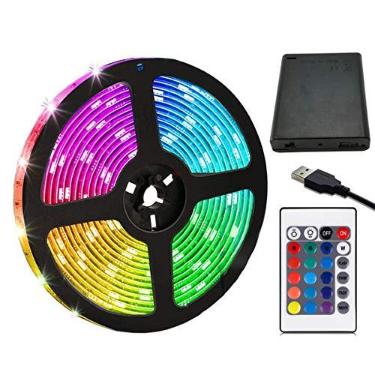 Imagem de Entiqi Fita de LED alimentada por bateria, 6,5 pés/2 m RGB fita de luz LED SMD5050 60 LEDs corda luzes mudança de cor kit de fita de LED flexível para casa, quarto, festa, interior e exterior
