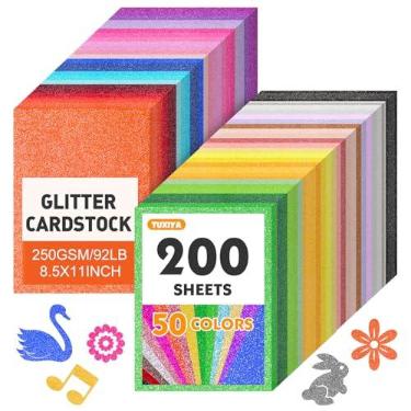 Imagem de TUXIYA 200 folhas de cartolina com glitter de 21,6 x 28 cm, 50 cores sortidas 250 g/m2/41,7 kg, papel brilhante com glitter sem derramamento para artes e artesanato, decoração, confecção de cartões