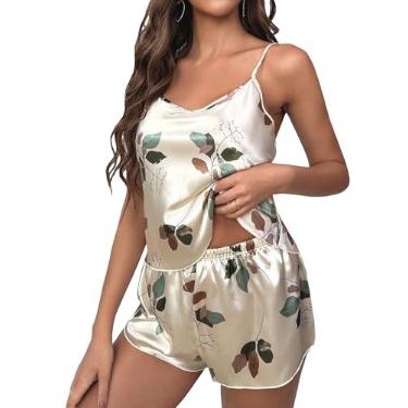 Imagem de OYOANGLE Conjunto de pijama feminino de 2 peças com estampa de cetim sem mangas e shorts de cintura elástica, Bege, P