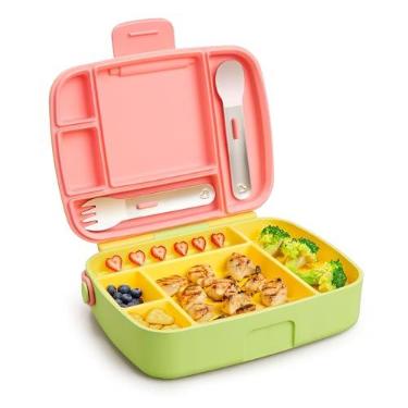 Imagem de Munchkin Lancheira para crianças e crianças, inclui utensílios de aço inoxidável, sem BPA, acima de 18 meses, rosa/verde/amarelo