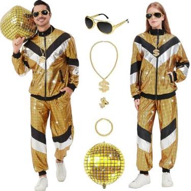 Imagem de Ezuwail Roupas masculinas e femininas dos anos 70 e 80 para discoteca metálica, fantasias de Halloween, roupa esportiva, 7 peças, Dourado, M