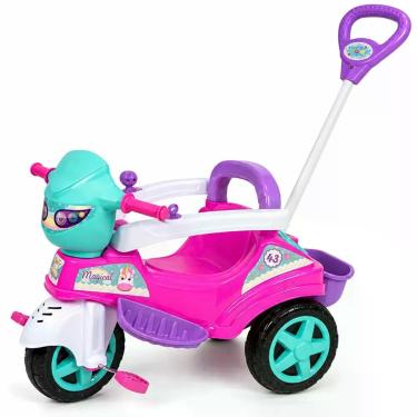 Imagem de Triciclo Infantil com Empurrador Função Passeio e Pedal Haste Guia Removível Rosa Maral