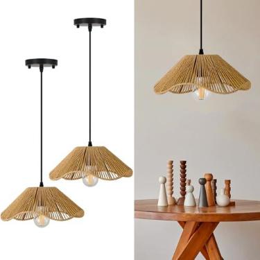 Imagem de TERLEENART Conjunto de 2 luzes pendentes de vime rígidas com fio, luzes pendentes de ilha de cozinha com sombra de flor de 30,5 cm, corda de papel boho tecida à mão, luz de teto de vime para sala de