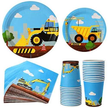 Imagem de Conjunto de suprimentos para festa de aniversário de construção, 102 peças para crianças- Serve 24 kit de jantar temático de caminhão de escavação de convidados - incluindo pratos descartáveis de caminhão de lixo, copos, guardanapos