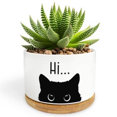 Imagem de Vaso de cerâmica de gato preto, vaso de plantas suculentas com drenagem, suporte de porcelana de flor de cacto, decoração de escritório em casa para amantes de plantas, professores, amigos, colegas de