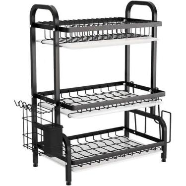 Imagem de Escorredor de Louças 3 Andares Preto Organizador Cozinha Porta Pratos Copos Tigelas Talheres Utensílios Domésticos Aço Inoxidável Compacto Moderno Casa