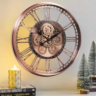Imagem de CLXEAST Relógio de parede grande grande com engrenagens móveis de 71 cm, relógio de parede silencioso de ouro rosa industrial vintage para decoração de casa de fazenda moderna, sala de estar