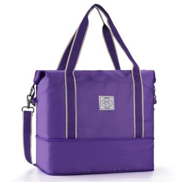 Imagem de WALNEW Bolsa esportiva de viagem, bolsa de mão feminina masculina, dobrável à prova d'água com alça de fivela de metal, Roxa, Medium, Bolsa de viagem impermeável com fivela de metal e alça de ombro