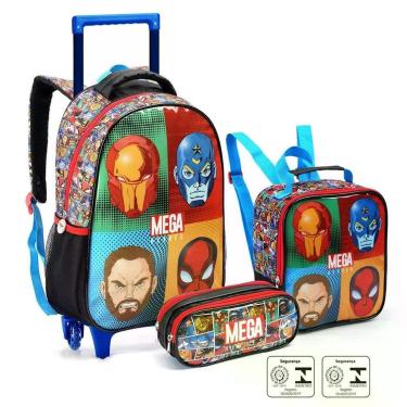 Imagem de Kit Mochila Rodinha Estojo Lancheira Infantil Vingadores Spider Mega Heroes Seanite