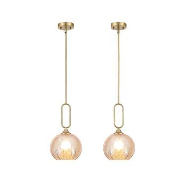 Imagem de BAODEN Conjunto De 2 Lustres Pendentes Vidro Âmbar Moderno, Luminária Globo, Lustre Nórdico Com Candeeiros Teto Dourados E Hastes Ajustáveis Em Latão Escovado, Para Sala Jantar Cozinha