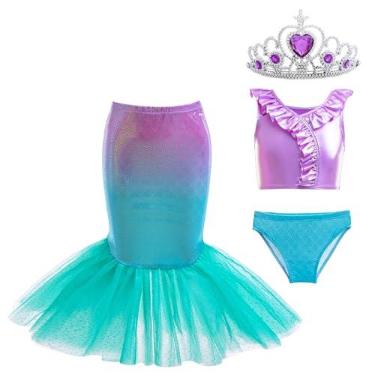 Imagem de Aukidwld Conjunto de biquíni princesa para meninas, 4 peças, roupa de banho para crianças pequenas, Verde, roxo, 3-4 Anos