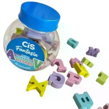 Imagem de Borracha Cis Mini Fantasia Letras Atóxica com Cores Vibrantes e Formatos Variados Embalagem com 26 Unidades