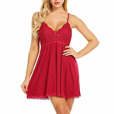 Imagem de Saia noturna camisola de renda pijama roupa de dormir pijama pijama ultramacio pijama feminino camisola confortável dormir, vermelho, P (55kg/165cm)