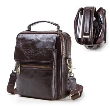 Imagem de CONTACTS Bolsa Capanga Ombro Masculina de Couro Legítimo - Bolsa Tiracolo com Alça de Mão e Tira Ajustável (91-154cm), Mensageiro para Notebook até 9.7" - Marrom