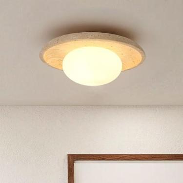 Imagem de Luz de teto travertino amarelo, luminária Wabi Sabi de 25 cm com abajur redondo de pedra travertino, plástico laminado branco, luz de teto de mármore vintage para quarto, sala de estar, cozinha, ilha