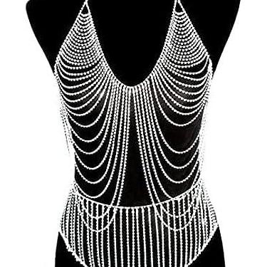 Imagem de Senhoras sexy strass franja sutiã corrente brilhante conjunto em camadas praia biquíni com lingerie calções de banho para meninas, prata