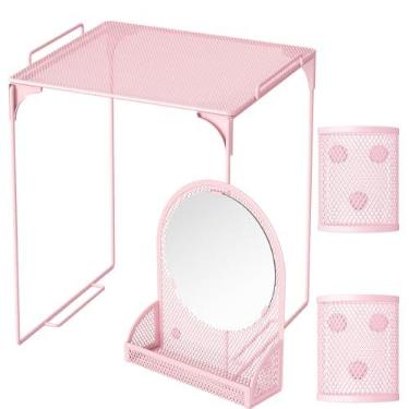 Imagem de Svartur Prateleira com espelho, copos magnéticos para canetas, organizador para trabalho, kit de acessórios de malha de metal para armário escolar, decoração de escritório, rosa