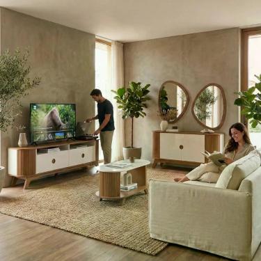 Imagem de Sala de Estar Completa Vivaldi Rack Buffet Mesa Centro e Espelhos Mdf-mdp Cinamomo-off White Artely