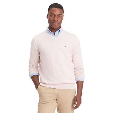 Imagem de Tommy Hilfiger Suéter pulôver masculino essencial de algodão com gola V e manga longa, Rosa claro mesclado, PP