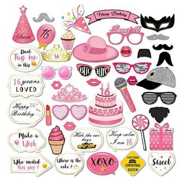 Imagem de CC HOME Sweet 16 adereços para cabine de fotos, Happy Sixteen para festa de aniversário de 16 anos, suprimentos para meninas, 44 peças