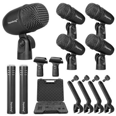 Imagem de Depusheng Kit de microfone de bateria dinâmica com fio de 7 peças (metal inteiro) Kick Bass, Tom/Tarola e Címbalos - Use para bateria, vocal, outros instrumentos, completo com clipe de rosca 7 cabos