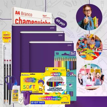 Imagem de Kit Material Escolar Econômico Volta As Aulas Infantil 60 itens Ensino