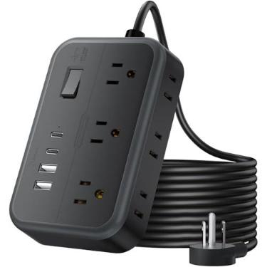 Imagem de Cabo de extensão de plugue plano de 25 pés, NTONPOWER 6 tomadas amplamente espaçadas (2 lados) régua de alimentação com 4 portas USB, proteção contra sobrecarga, estação de carregamento de montagem na
