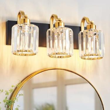Imagem de Aixialin Luzes modernas de cristal para banheiro, 3 luzes pretas e douradas, luminárias de banheiro sobre espelho, iluminação de parede de cristal para espelho, quarto, sala de estar (exceto lâmpada)