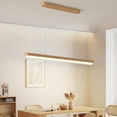 Imagem de Lustre LED para restaurante, luminária pendente dimerizável de espectro total, luminária de teto original em madeira com design de vento, luminária suspensa para mesa de jantar, altura ajust