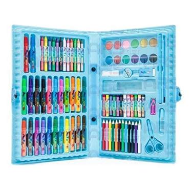 Imagem de Estojo Maleta Escolar Pintura 86 Peças Canetinhas Giz Azul Estojo Infantil 86 Peça Presente Criança Canetinha Lapis Giz Azul Meninos Aquarela Kit Desenho