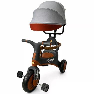 Imagem de Triciclo Infantil Vintage com Empurrador Desenvolvimento da Coordenação Motora Capota Retrátil e Removível Cinza