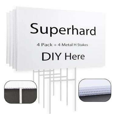 Imagem de Pacote com 4 placas de jardim em branco 43 x 30 cm com estacas de metal, placa de gramado de plástico branco para decoração de aniversário, venda de garagem, poste de guia, casa aberta, aluguel