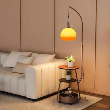 Imagem de Bofea - Luminária De Chão Laranja Moderna Para Sala De Estar, Luminárias Altas De Meados Do Século Com Mesa De Chá E Balde De Armazenamento, Luminária De Pé De Pesca Com Abajur De Vidro, Luminária D