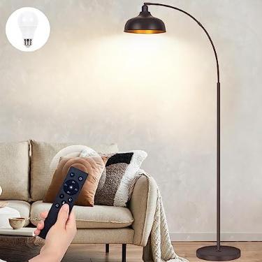 Imagem de Candeeiros de chão arco de bronze, lâmpadas de pé para sala de estar com controle remoto, interruptor de pé, abajur de metal, luminária de chão arqueada com lâmpada LED regulável contínua, lâmpada