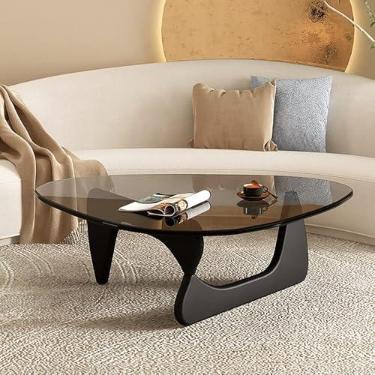 Imagem de Mesa de centro triangular com tampo de vidro - Mesa de canto abstrata moderna de meados do século com base de madeira - Mesa central pequena para sala de estar, escritório em casa, cinza, 91 x 65 x 40