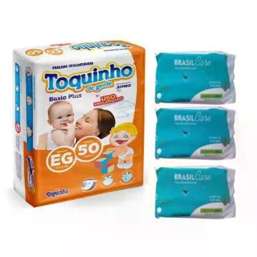 Imagem de Kit Fralda Infantil EG 50 unid e 150 unid toalhas umedecidas - Toquinh