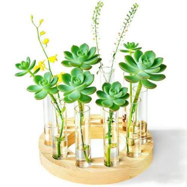 Imagem de Melphoe Vasos de vidro pequenos vasos de flores para decoração de mesa de casamento, decoração de casa, estação de propagação, terrário de plantas com suporte de madeira, presentes exclusivos para