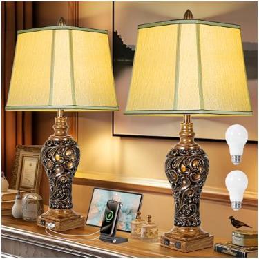 Imagem de LuxSight Collection Conjunto De 2 Abajures Mesa Vintage Rústicos 32'' Com Luzes Noturnas - Abajur Cabeceira Seda Sintética Para Quarto E Sala Estar Portas Carregamento Usb, Rústica (Lâmpada Incluída