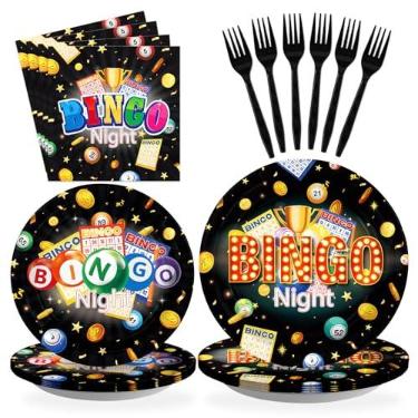 Imagem de Grencian 96 peças de artigos de festa de bingo, pratos de papel noturno, descartáveis, resistentes, preto, jogo noturno, conjunto de utensílios de mesa para aniversário, decoração de festa, serve 24