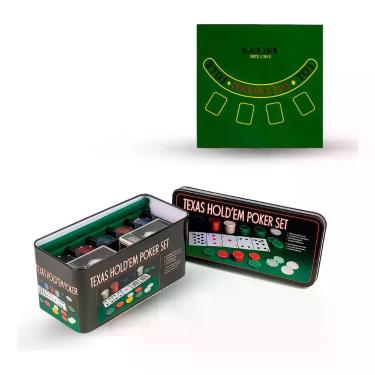 Imagem de Kit Poker com Caixa Metálica 200 Fichas Baralhos e Tapete de Mesa - Mi