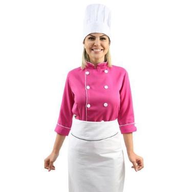 Imagem de Kit chef cozinha feminino Dolmã manga 3/4 + Avental branco + Chapéu br