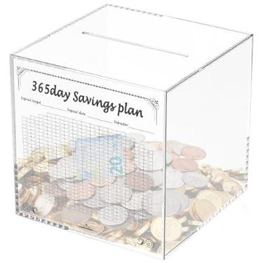 Imagem de Cofrinho de acrílico transparente, inquebrável, caixa de dinheiro de 365 dias, caixa de economia de dinheiro e pote de economia de moedas para adultos, crianças e adolescentes