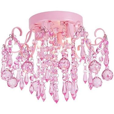 Imagem de Q&S Mini candelabro de cristal, suporte semi nivelado rosa menina lustre, pequena luminária de teto de cristal quarto banheiro armário berçário 3 luzes