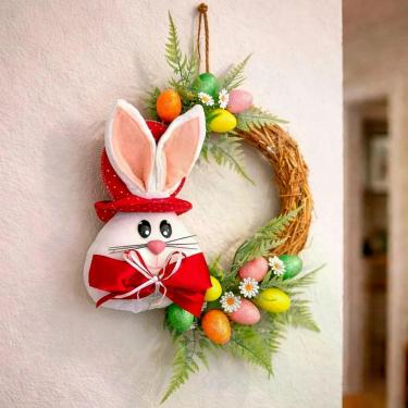 Imagem de Guirlanda de Páscoa Arranjo Cabeça de Coelho para Decoração de Portas e Paredes 25cm Vermelho