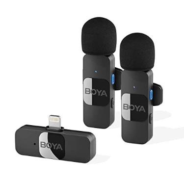 Imagem de BOYA BY-V2 Microfone de lapela sem fio para Lightning, cancelamento de ruído externo, mini microfone Lightning para iPhone 12/13/14, microfone de encaixe para gravação de vídeo, podcast