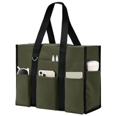 Imagem de Becokan Bolsa utilitária grande com 12 bolsos, fecho de zíper superior e suporte inferior grosso, bolsas de trabalho para mulheres enfermeiras e professoras, Verde militar, Large
